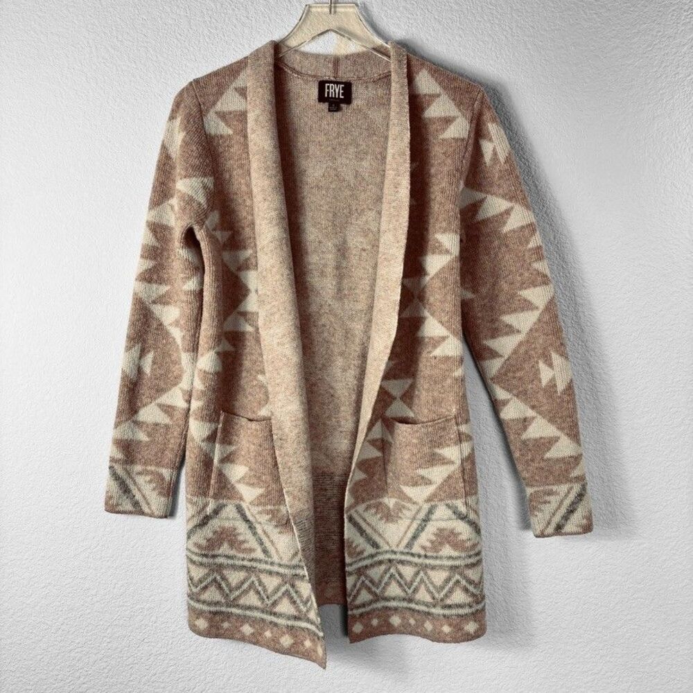 Frye Womens Open Front Cardigan Coat S Tan Aztec Print Southwestern Long Line